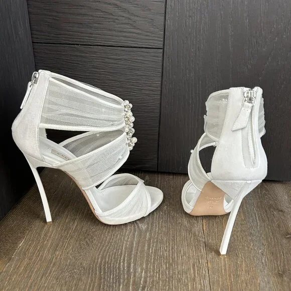 Casadei White Suede Organze Sandal Heel - Picture 7 of 8